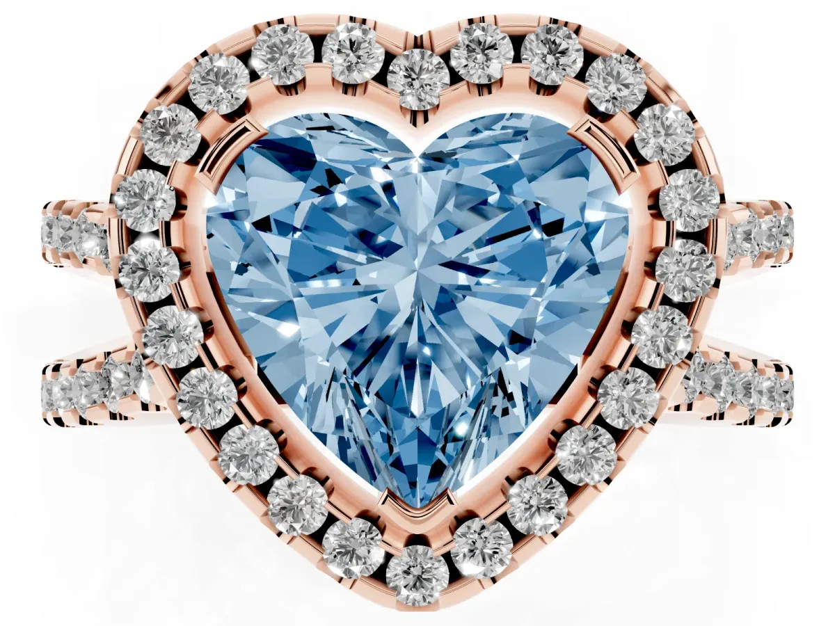 Fancy Blue Heart Cut Diamond Halo Ring with Split Shank Pavé Band and Prong Setting Rose gold