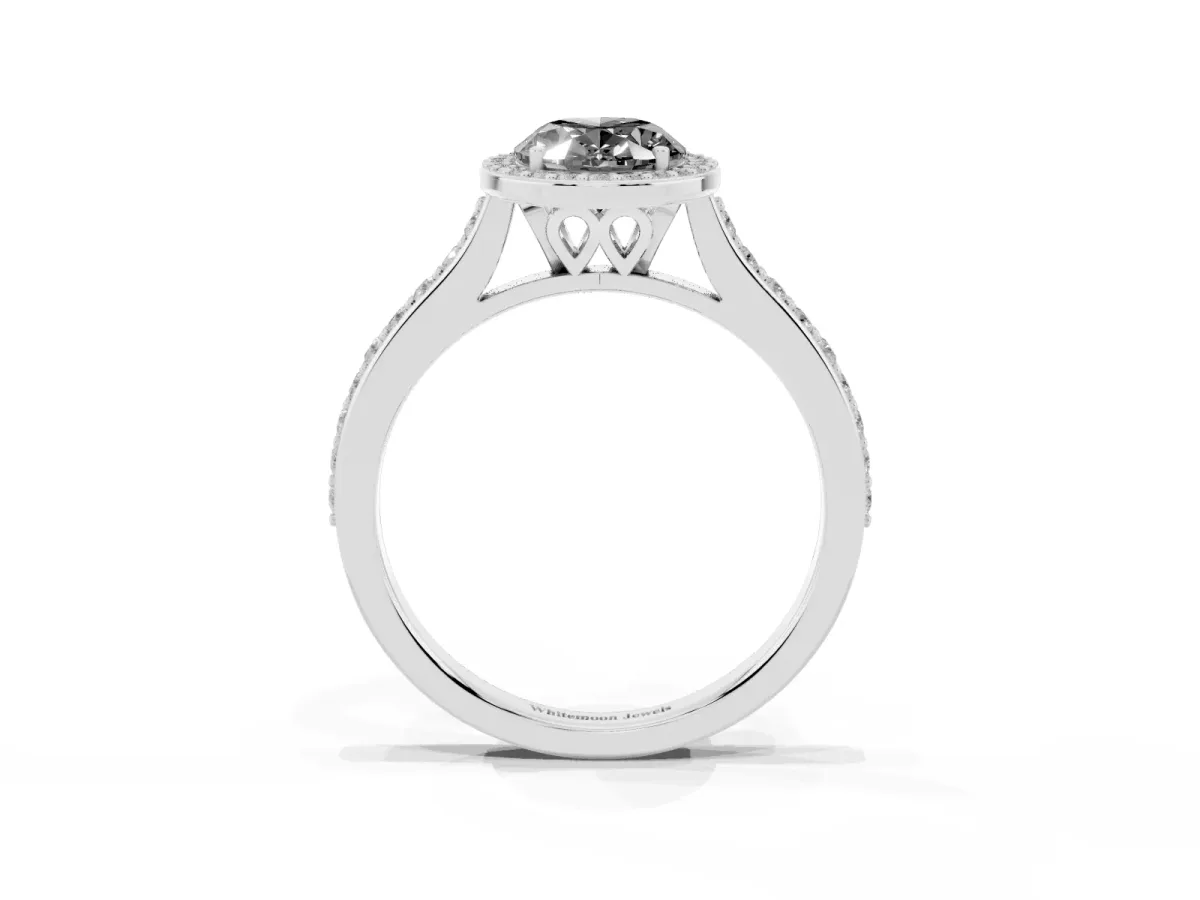Fancy Black Oval Cut Diamond Halo Engagement Ring with Round Pavé Shoulders and Prong Setting Platinum