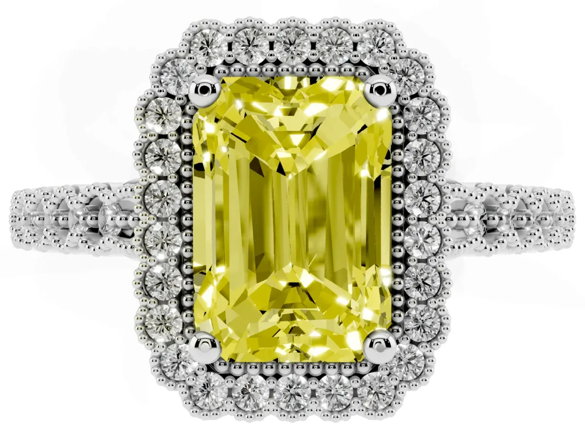 Fancy Yellow Radiant Cut Cut Halo Pavé Solitaire Ring with Milgrain Band White gold