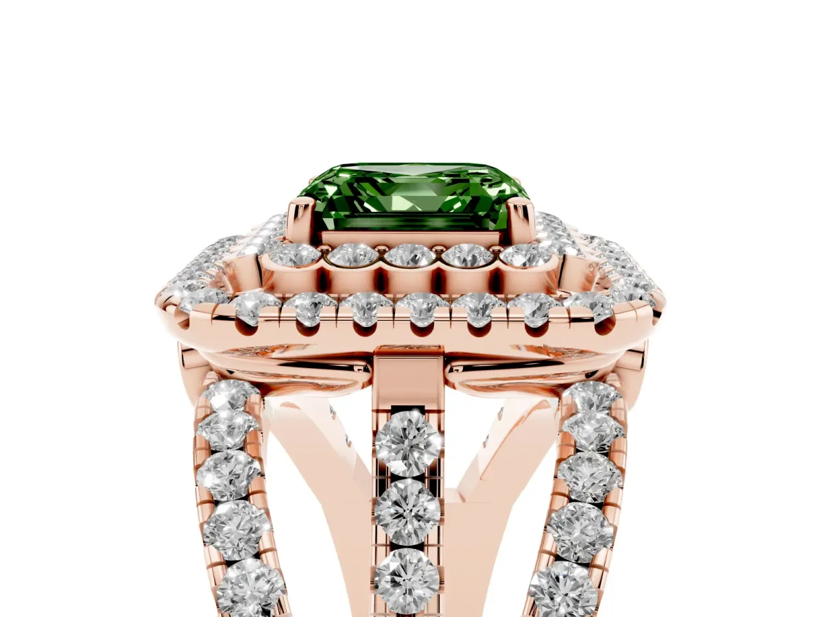 Fancy Green Asscher Cut Diamond Double Halo Ring with Round Pavé Split Shank and Prong Setting Rose gold