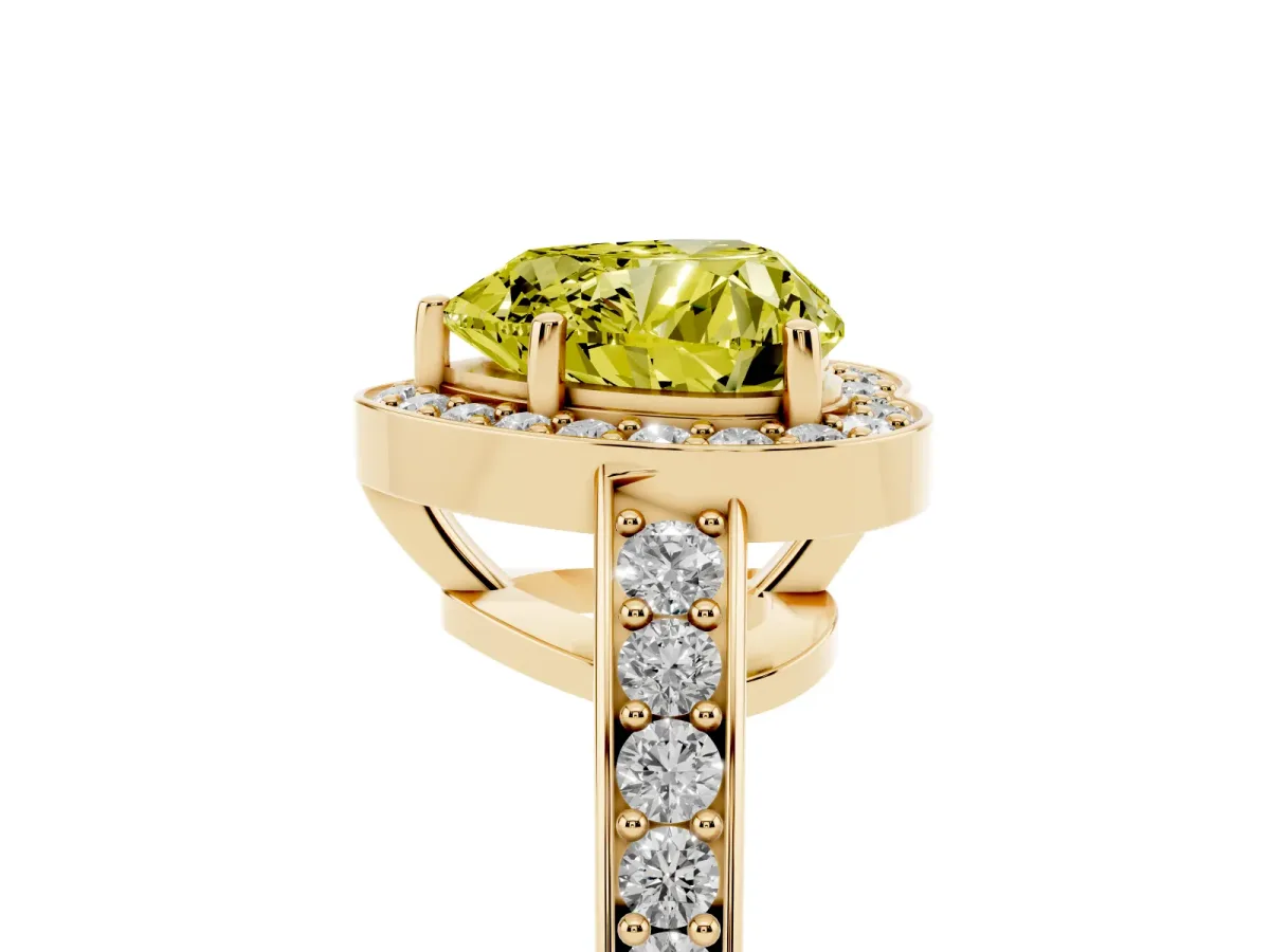 Fancy Yellow Heart Cut Halo Pavé Diamond Engagement Ring with Bezel Setting Yellow gold