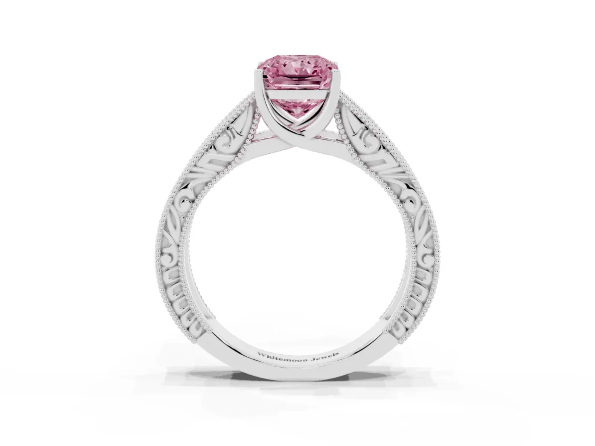 Fancy Pink Radiant Cut Diamond Solitaire Ring with Engraved Band and Four-Prong Setting White gold