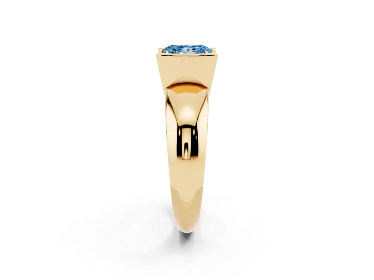 Fancy Blue Princess Cut Solitaire Tension Set Diamond Ring with Wide Band Yellow gold