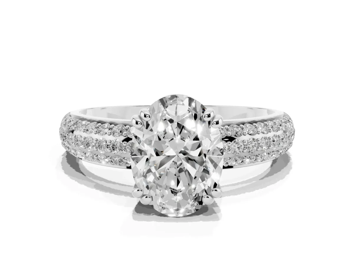 Oval Cut Diamond Solitaire Ring with Multi-Row Round Pavé Band and Prong Setting Silver