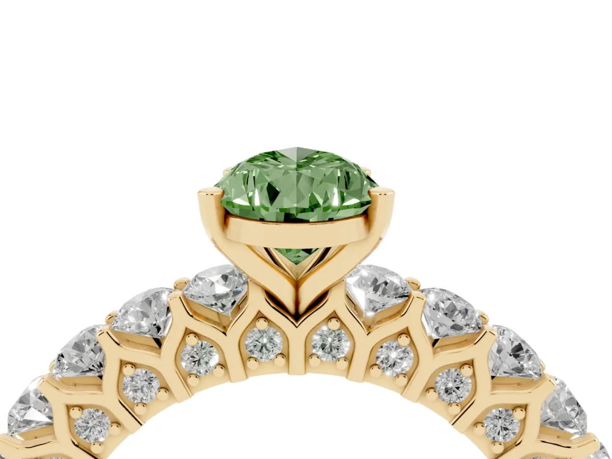Fancy Green Pear Cut Diamond Solitaire Ring with Shared Prong Pavé Band and Four-Prong Setting Yellow gold