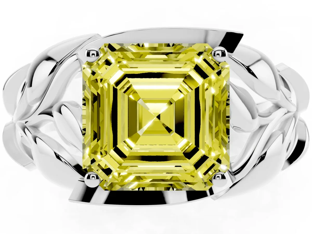 Fancy Yellow Asscher Cut Diamond Leaf-Inspired Engagement Ring with Round Accents and Prong Setting White gold