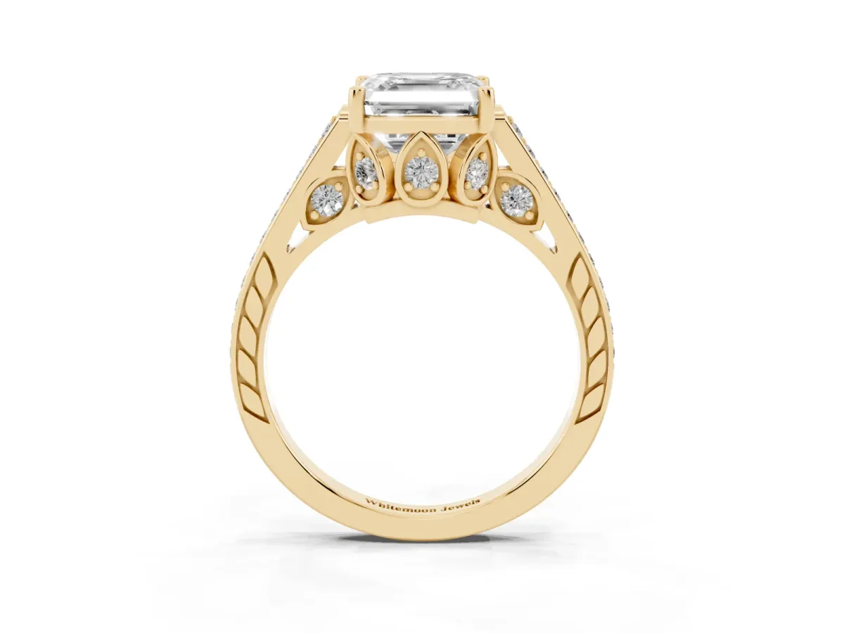 Asscher Cut Cut Cathedral Pave Diamond Engagement Ring with Six-Prong Setting Yellow gold