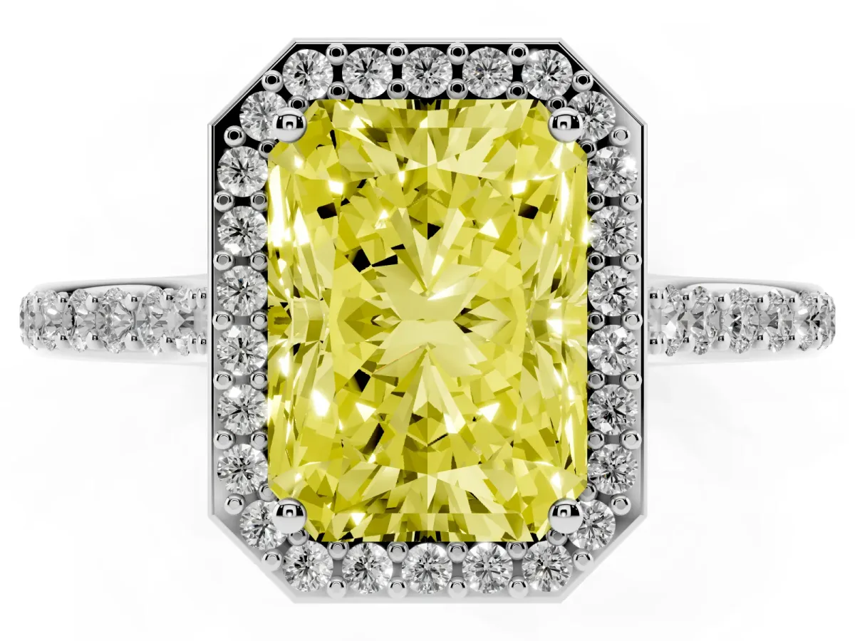 Fancy Yellow Radiant Cut Diamond Halo Engagement Ring with Round Pavé Shoulders and Prong Setting Platinum