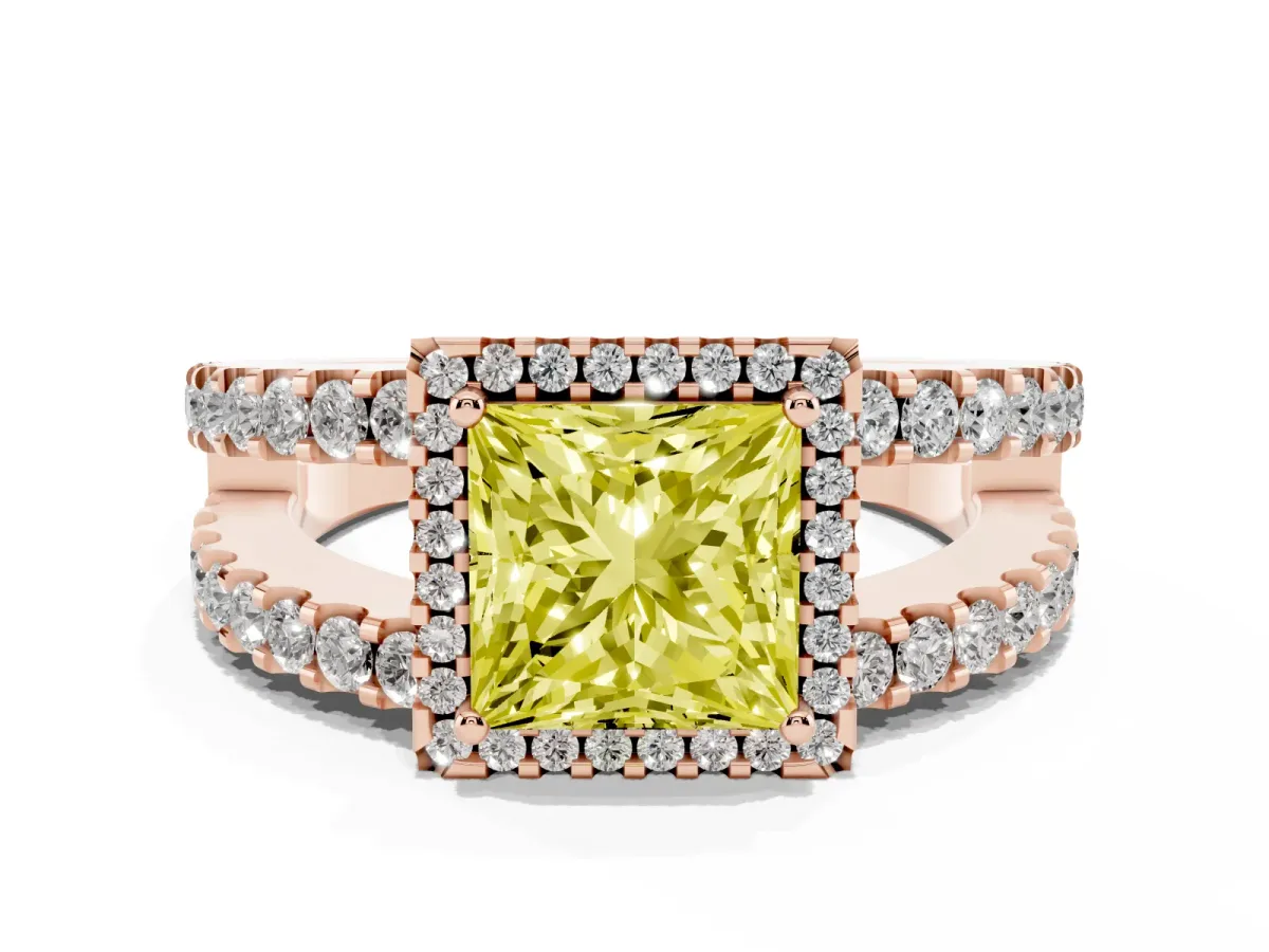 Fancy Yellow Princess Cut Cut Halo Split Shank Diamond Ring with Four-Prong Setting Rose gold