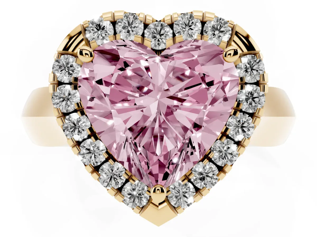 Fancy Pink Heart Cut Cut Halo Solitaire Engagement Ring with Square Band and Four-Prong Setting Yellow gold