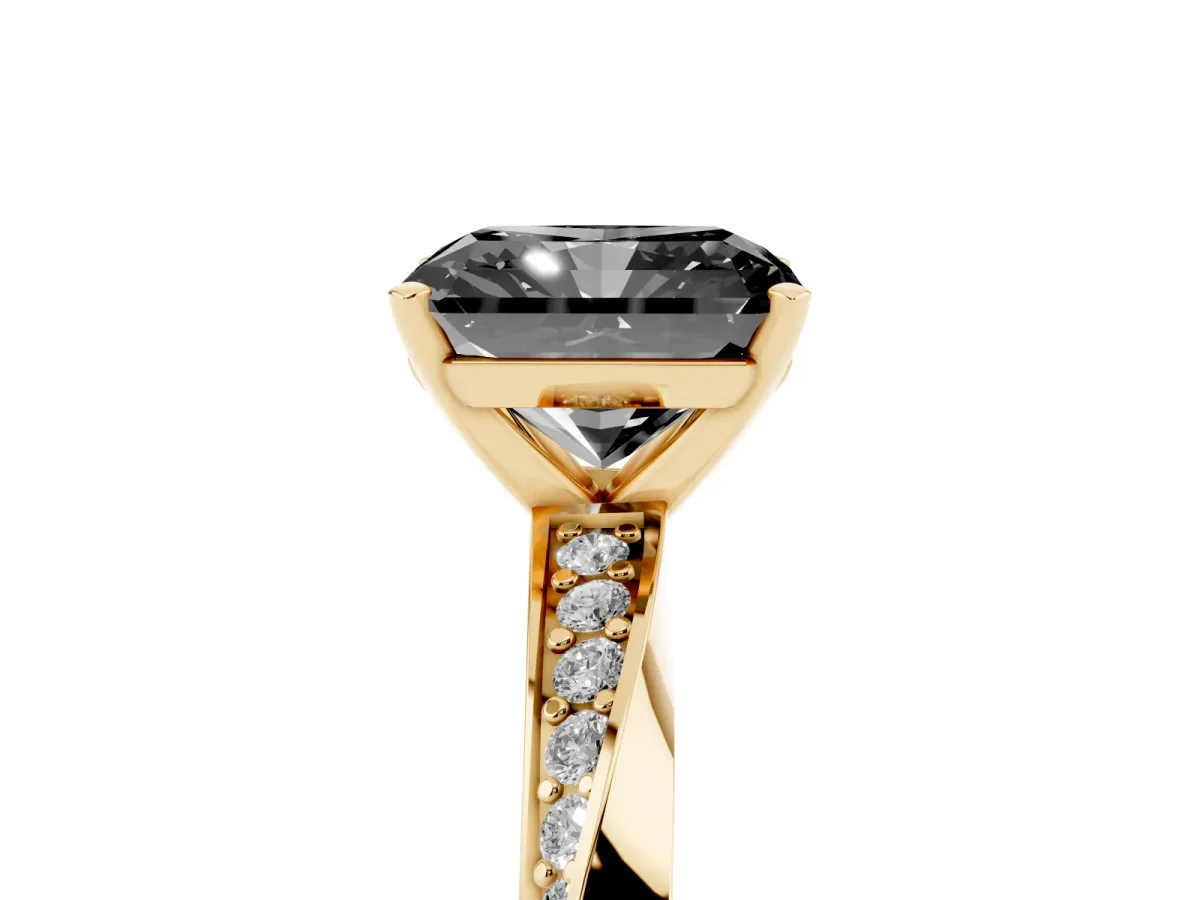 Fancy Black Radiant Cut Diamond Engagement Ring with Side Stone Accents and Four-Prong Setting Yellow gold