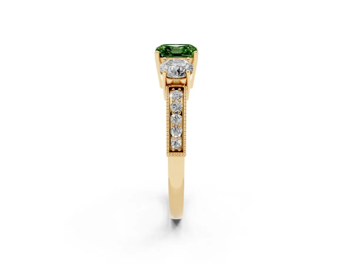 Fancy Green Asscher Cut Three-Stone Diamond Ring with Pavé Band and Four-Prong Setting Yellow gold