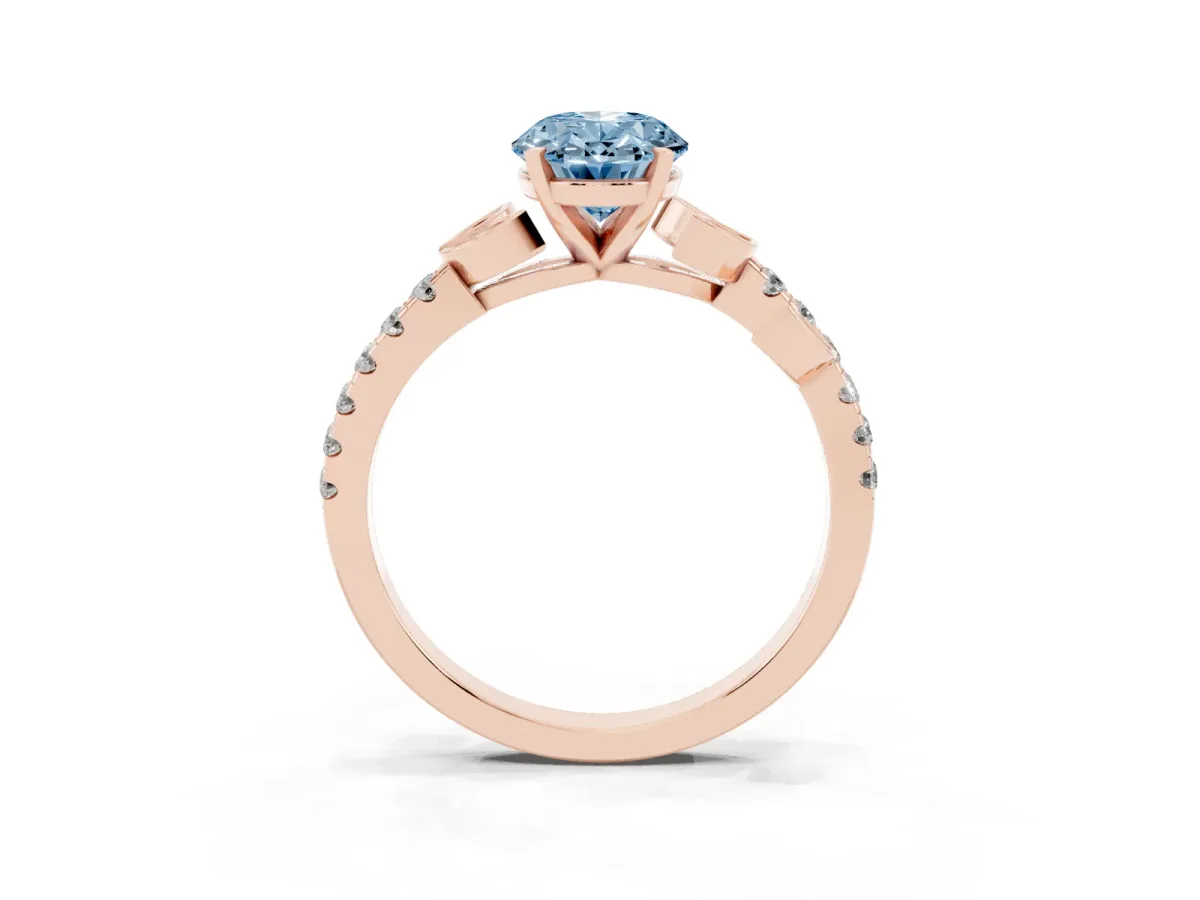 Fancy Blue Oval Cut Solitaire Leaf-Inspired Diamond Ring with Pavé Band and Four-Prong Setting Rose gold