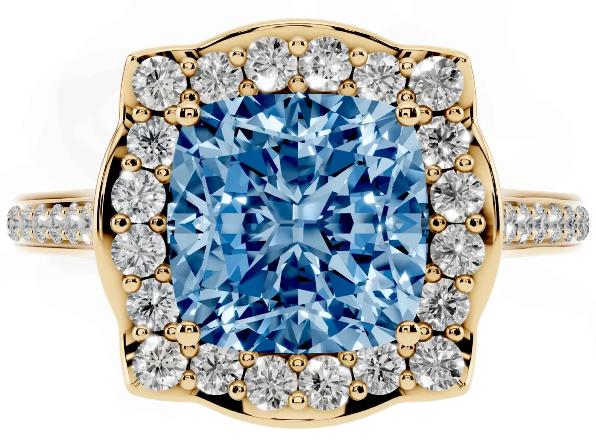 Fancy Blue Cushion Cut Halo Round Diamond Pave Band with Four-Prong Setting Yellow gold