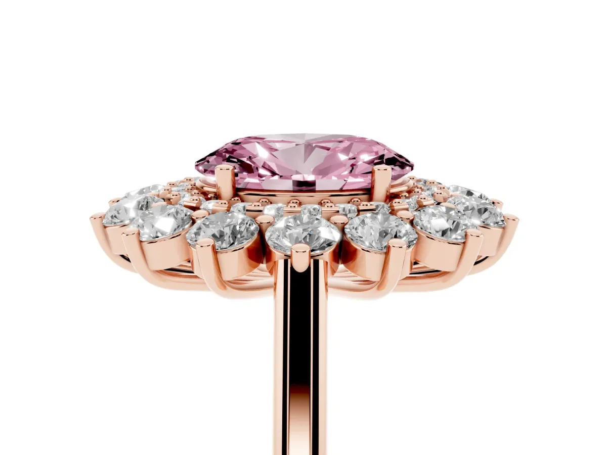 Fancy Pink Oval Cut Diamond Floral Double Halo Engagement Ring with Prong Setting Rose gold