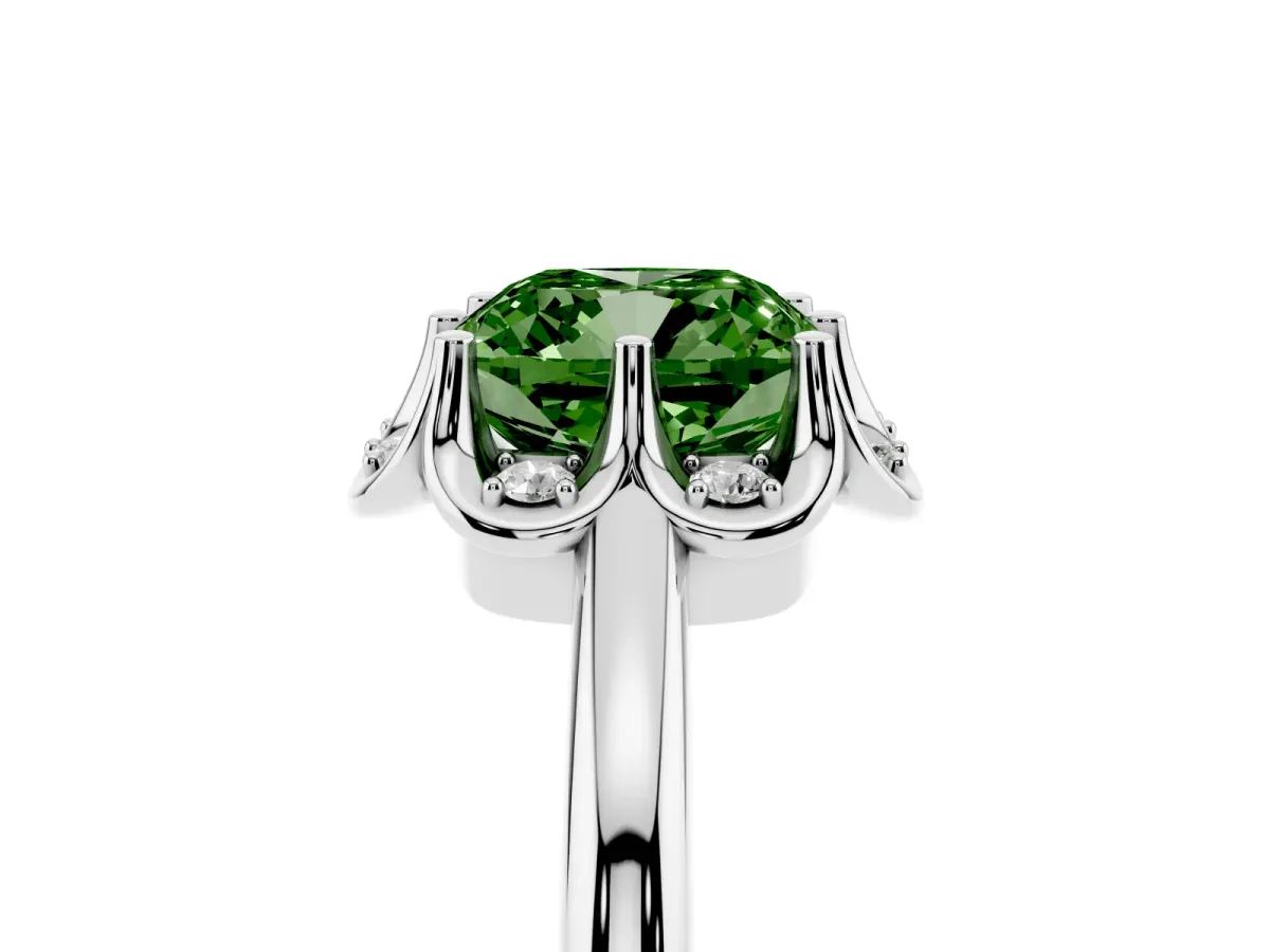 Fancy Green Cushion Cut Halo Diamond Ring with Round Cluster Setting, Solitaire Band, and Four-Prong Setting Silver