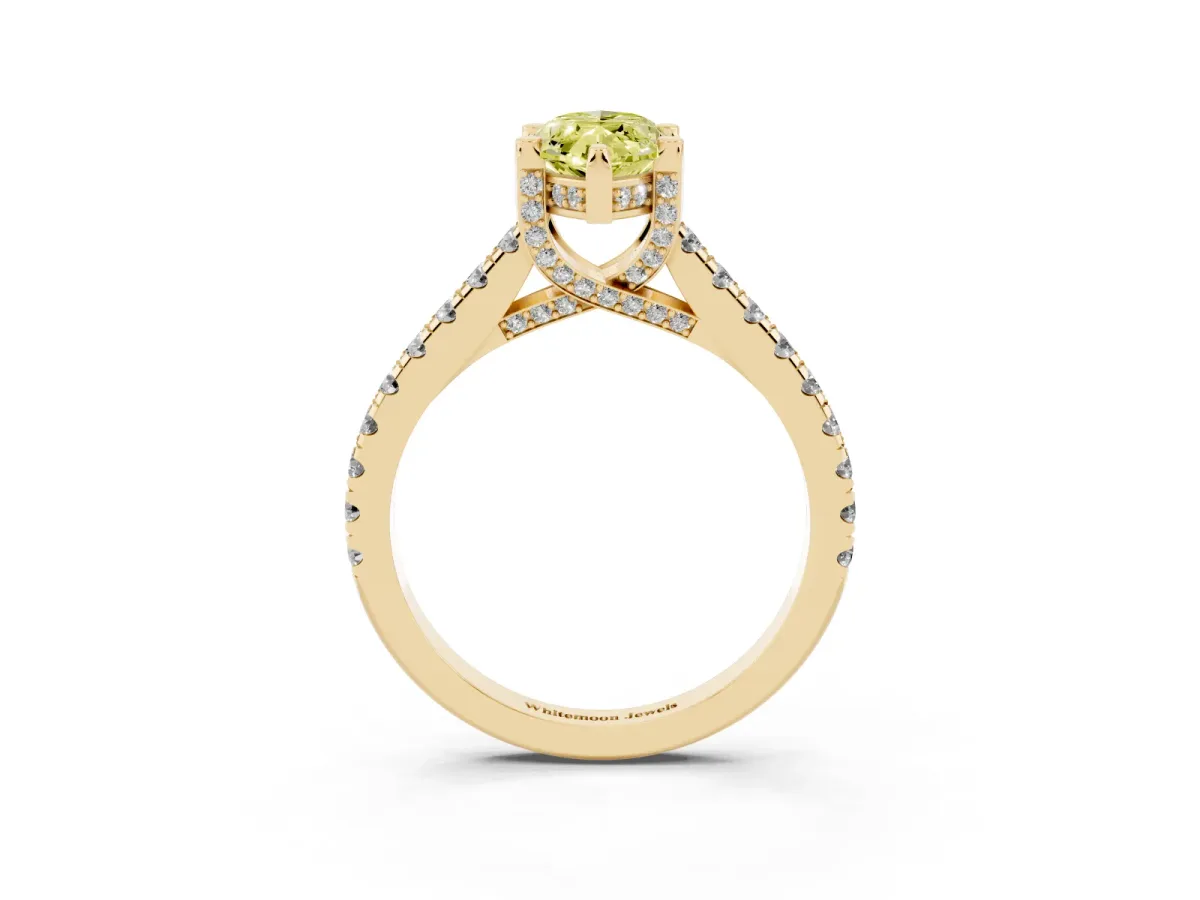 Fancy Yellow Marquise Cut Brilliant Diamond Solitaire with Pavé Band and Four-Prong Setting Yellow gold