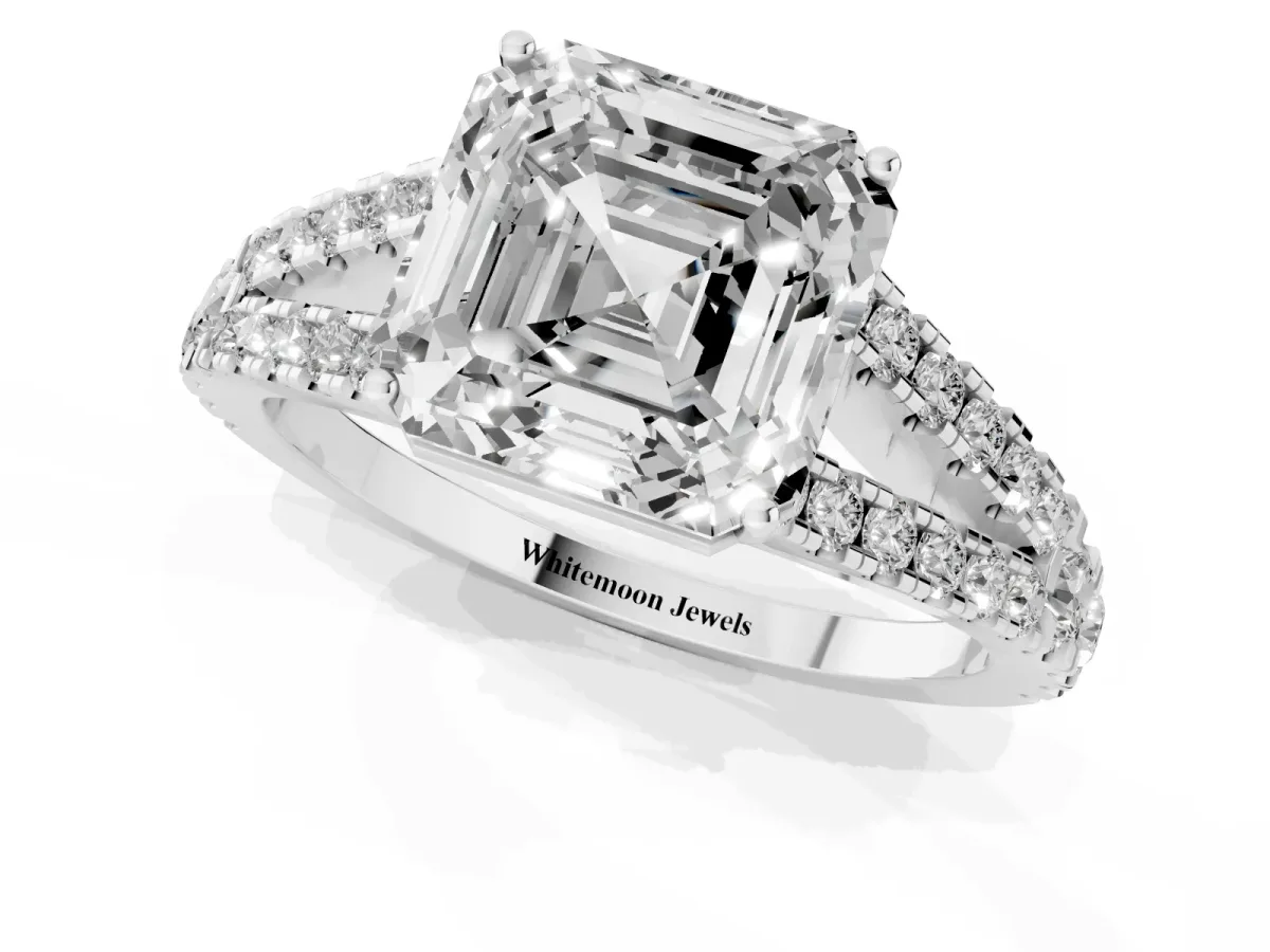 Asscher Cut Diamond Split Shank Engagement Ring with Round Pavé and Prong Setting Platinum