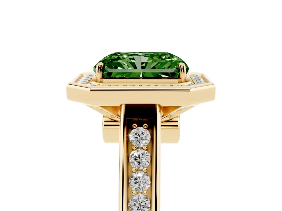 Fancy Green Radiant Cut Halo Solitaire Diamond Ring with Pave Band and Bezel Setting Yellow gold