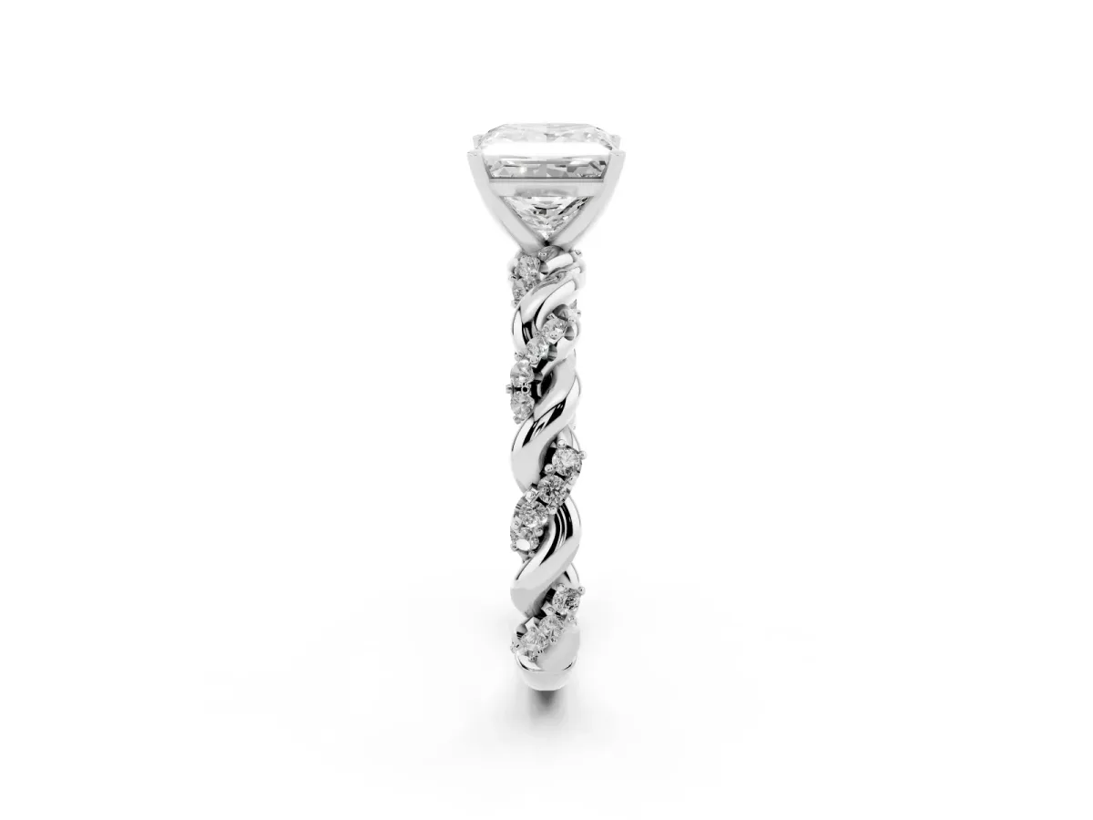 Princess Cut Diamond Solitaire Ring with Twisted Band and Pavé Accents White gold