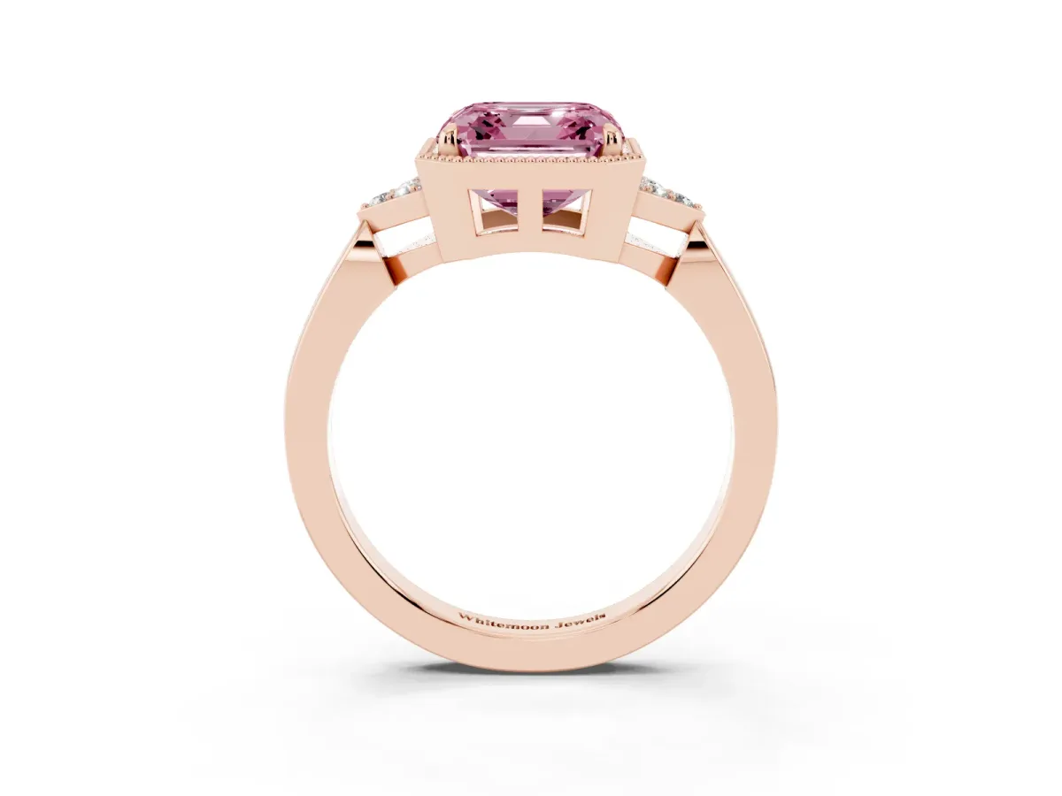 Fancy Pink Asscher Cut Diamond Halo Ring with Tapered Band and Four-Prong Setting Rose gold