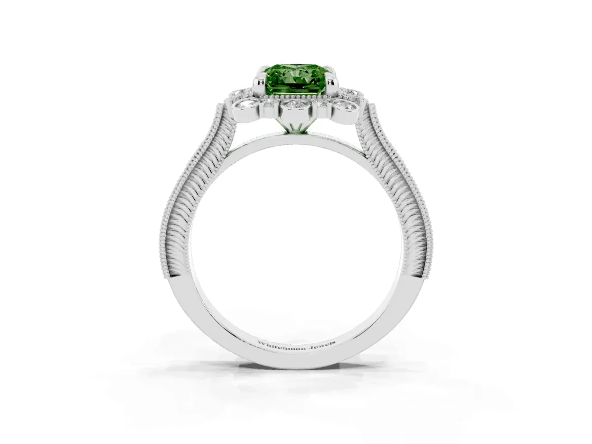 Fancy Green Radiant Cut Halo Milgrain Pave Diamond Ring with Four-Prong Setting Silver
