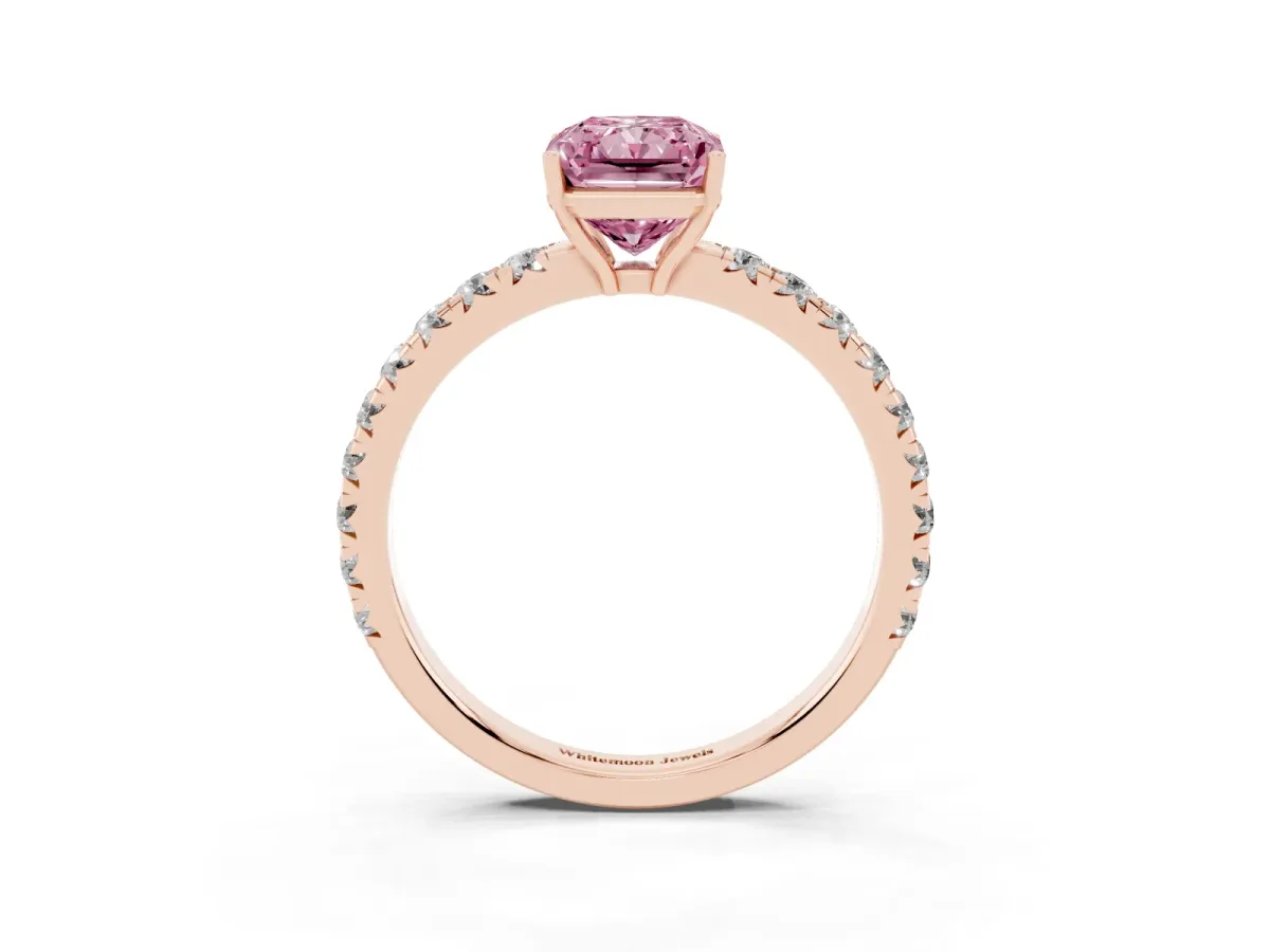 Fancy Pink Radiant Cut Diamond Pavé Solitaire Engagement Ring with Four-Prong Setting Rose gold