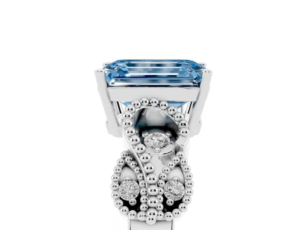Fancy Blue Emerald Cut Solitaire Milgrain Leaf Band with Prong Setting Silver
