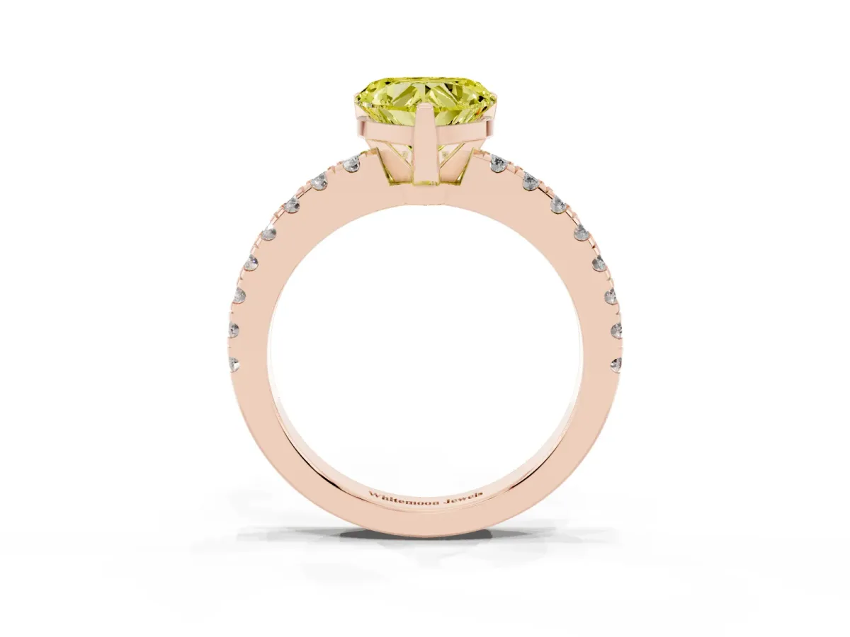 Fancy Yellow Heart Cut Solitaire Diamond with Pavé Band and Four-Prong Setting Rose gold