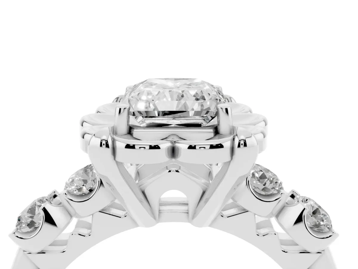 Radiant Cut Cut Diamond Floral Halo Engagement Ring with Shared Prong Setting Silver
