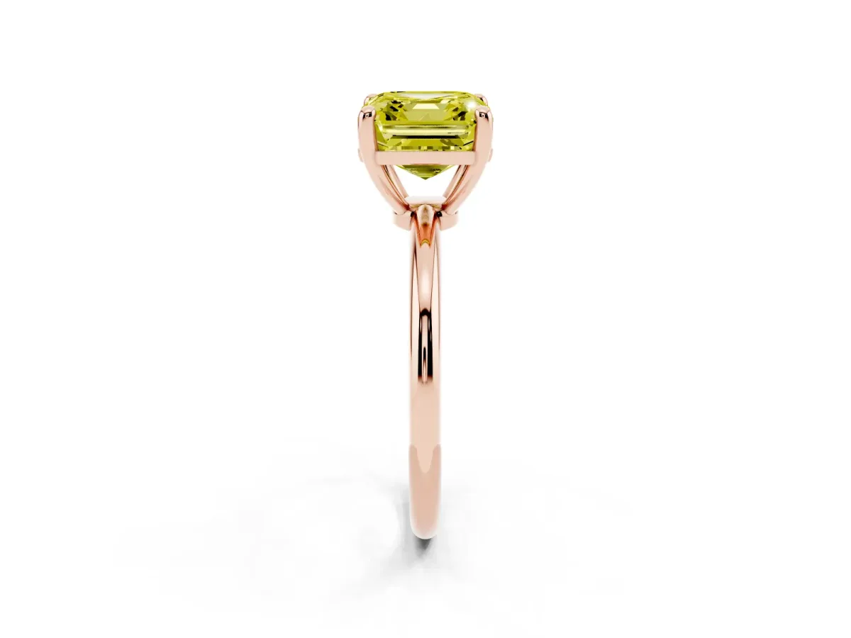 Fancy Yellow Asscher Cut Solitaire Diamond Ring with 4-Prong Setting on a Classic Band Rose gold