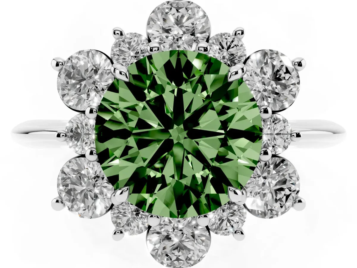 Fancy Green Round Cut Diamond Cluster Halo Ring with Solitaire Band and Four-Prong Setting Platinum