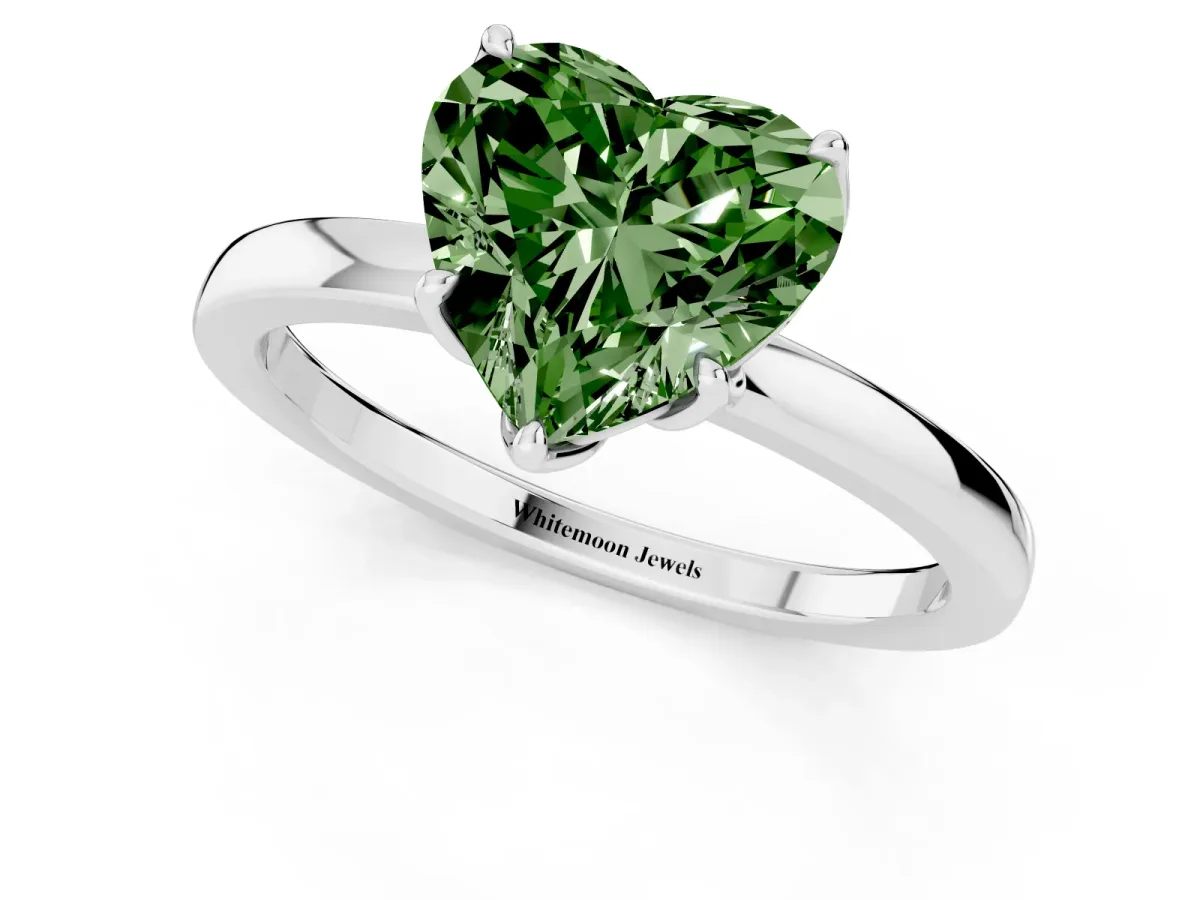 Fancy Green Heart Cut Diamond Solitaire Ring with Thin Band and Prong Setting White gold