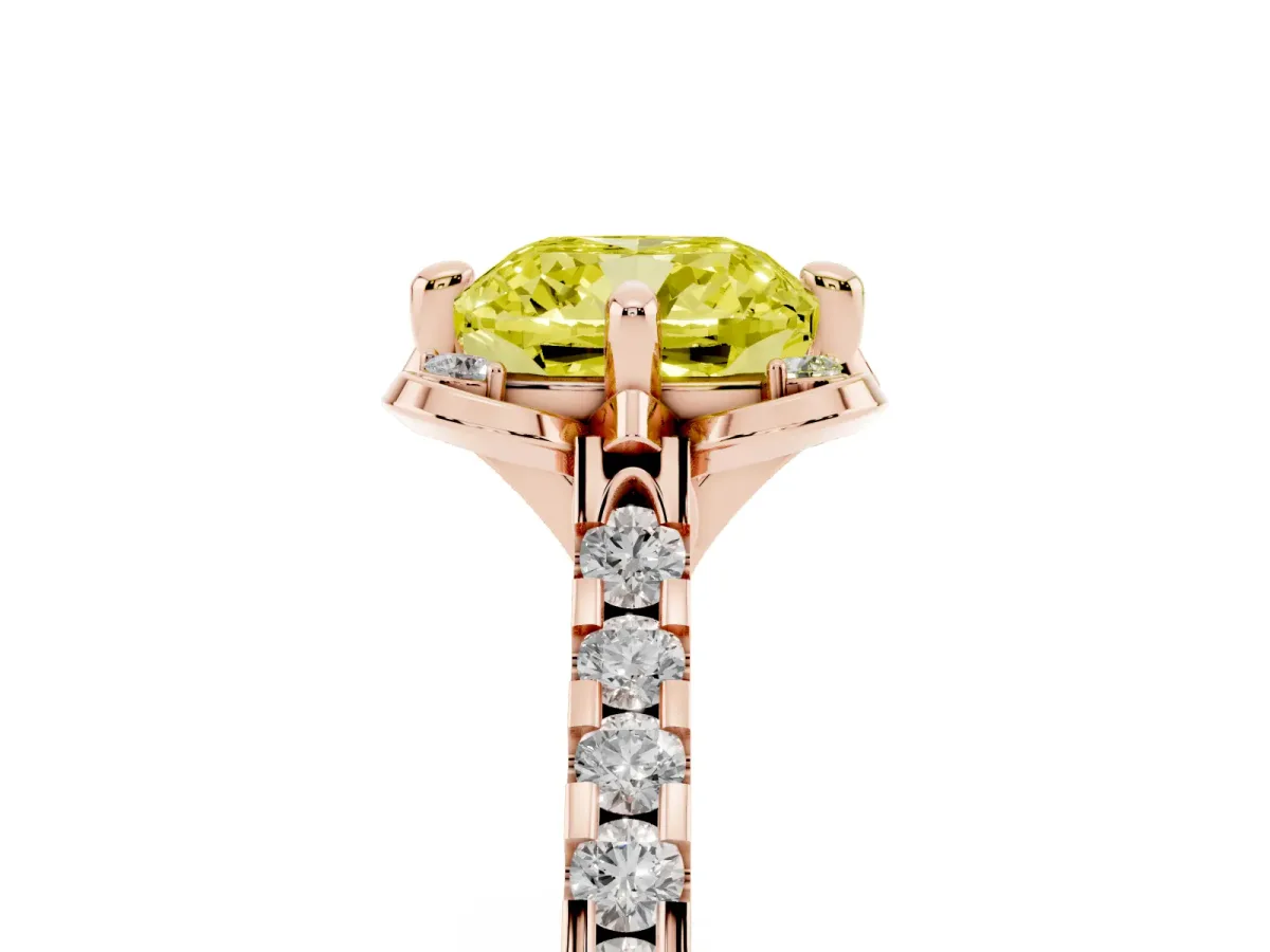 Fancy Yellow Cushion Cut Diamond Ring with Pavé Band and Floral Prong Setting Rose gold