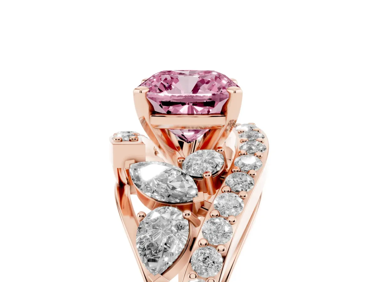 Fancy Pink Cushion Cut Diamond Halo Ring with Marquise and Pavé Band in Prong Setting Rose gold