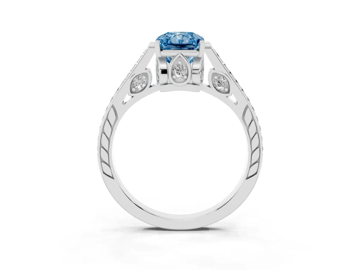 Fancy Blue Radiant Cut Cut Cathedral Pave Diamond Engagement Ring with Six-Prong Setting Silver