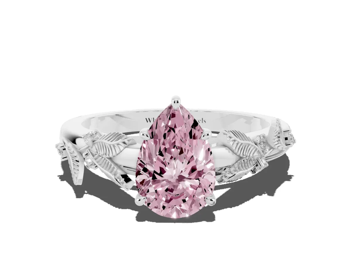 Fancy Pink Pear Cut Diamond Solitaire Ring with Leaf Motif Band and Four-Prong Setting Silver