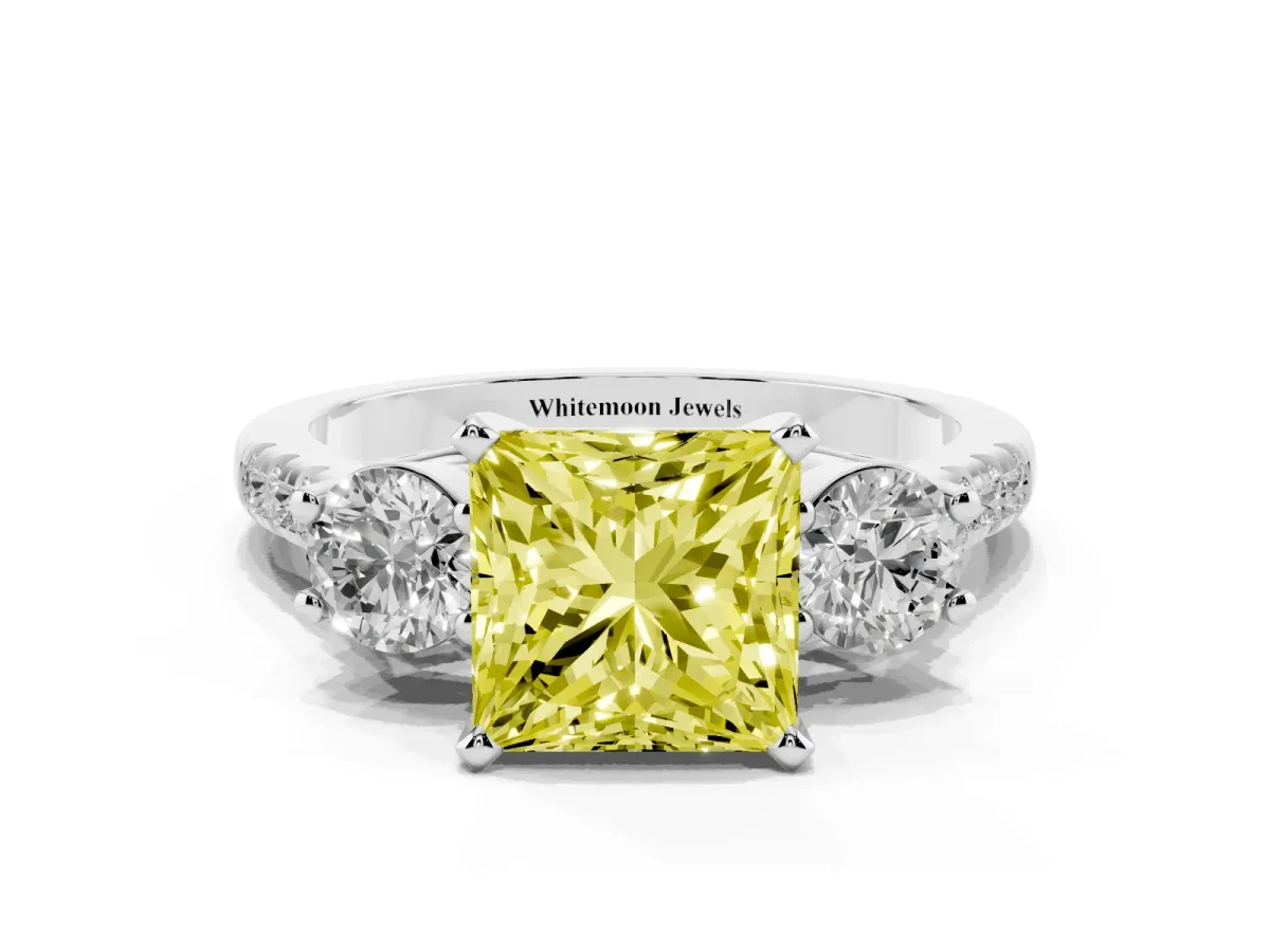 Fancy Yellow Three-Stone Princess Cut Diamond Pavé Band with Four-Prong Setting Silver