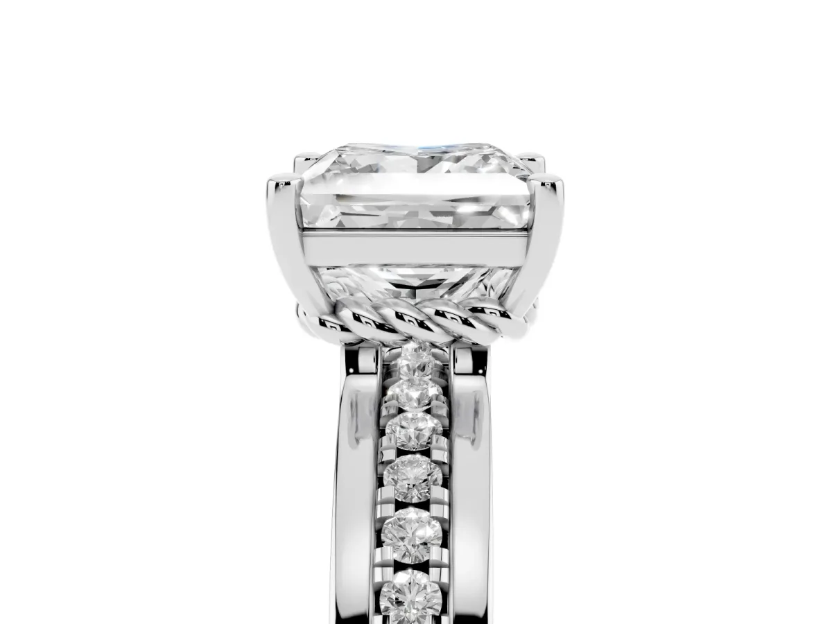 Princess Cut Solitaire Diamond Ring with Channel Set Band and Six-Prong Setting Silver