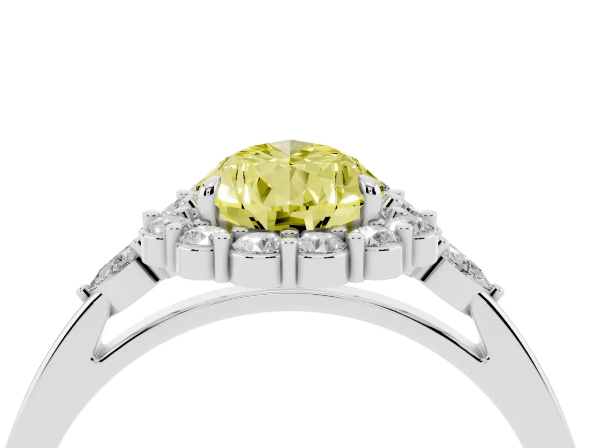 Fancy Yellow Pear Cut Diamond Halo Ring with Pear Side Stones and Prong Setting Silver
