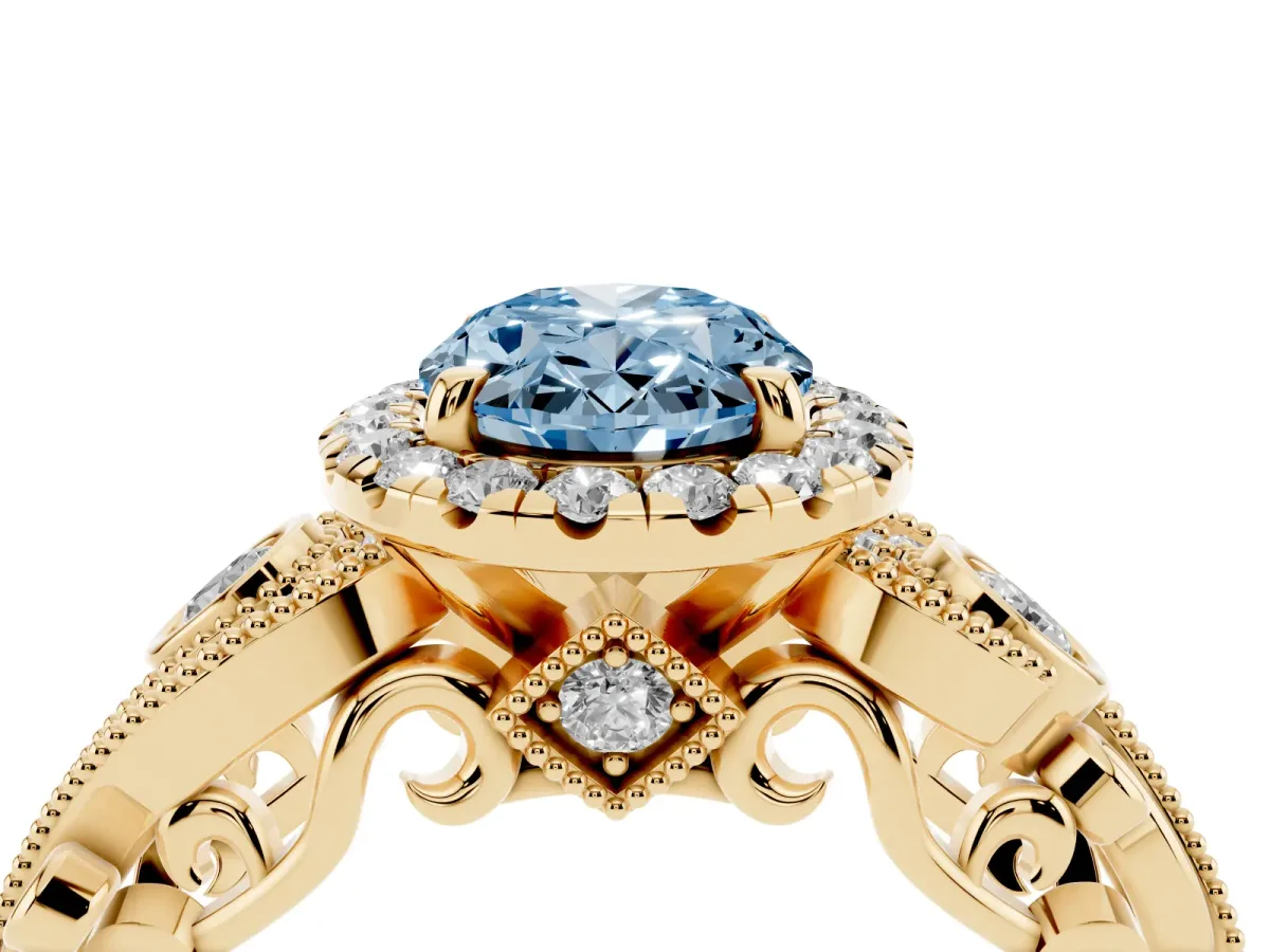 Fancy Blue Oval Cut Diamond Halo Ring with Milgrain Pavé Band and Four-Prong Setting Yellow gold