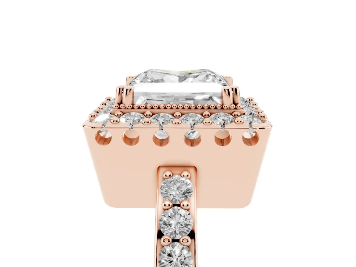 Princess Cut Diamond Halo Ring with Pavé Band and Prong Setting Rose gold
