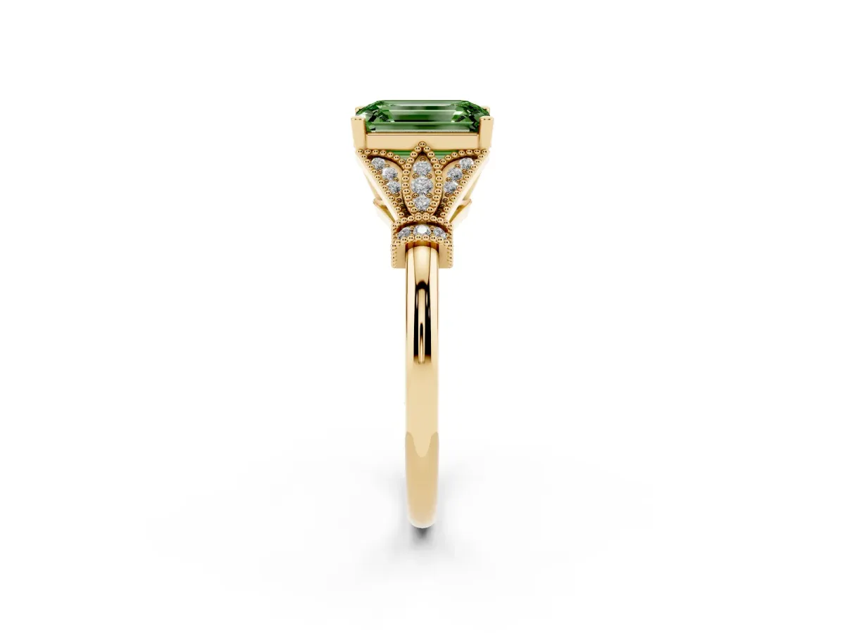 Fancy Green Emerald Cut Diamond Solitaire Ring with Floral Filigree and Pave Accents Yellow gold