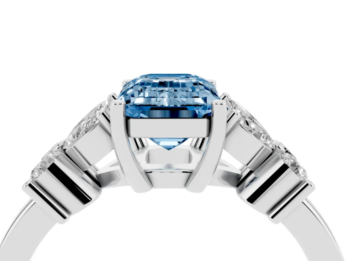 Fancy Blue Emerald Cut Diamond Floral Cluster Ring with Solitaire Band and Prong Setting Silver