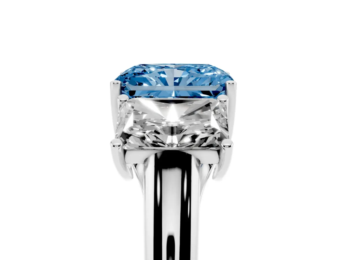 Fancy Blue Three-Stone Radiant Cut Diamond Engagement Ring with Prong Setting White gold
