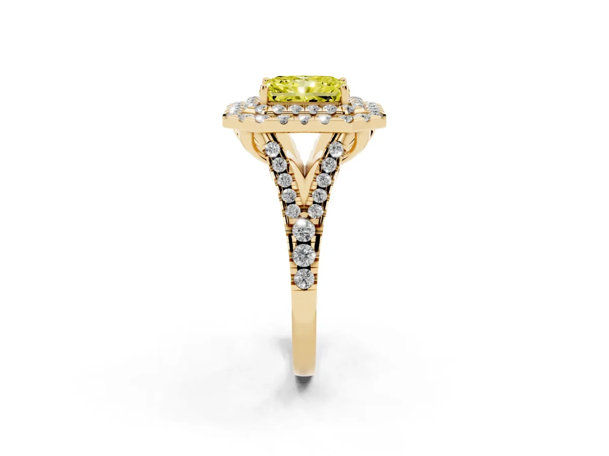 Fancy Yellow Double Halo Radiant Cut Diamond Pavé Split Shank Ring with Prong Setting Yellow gold