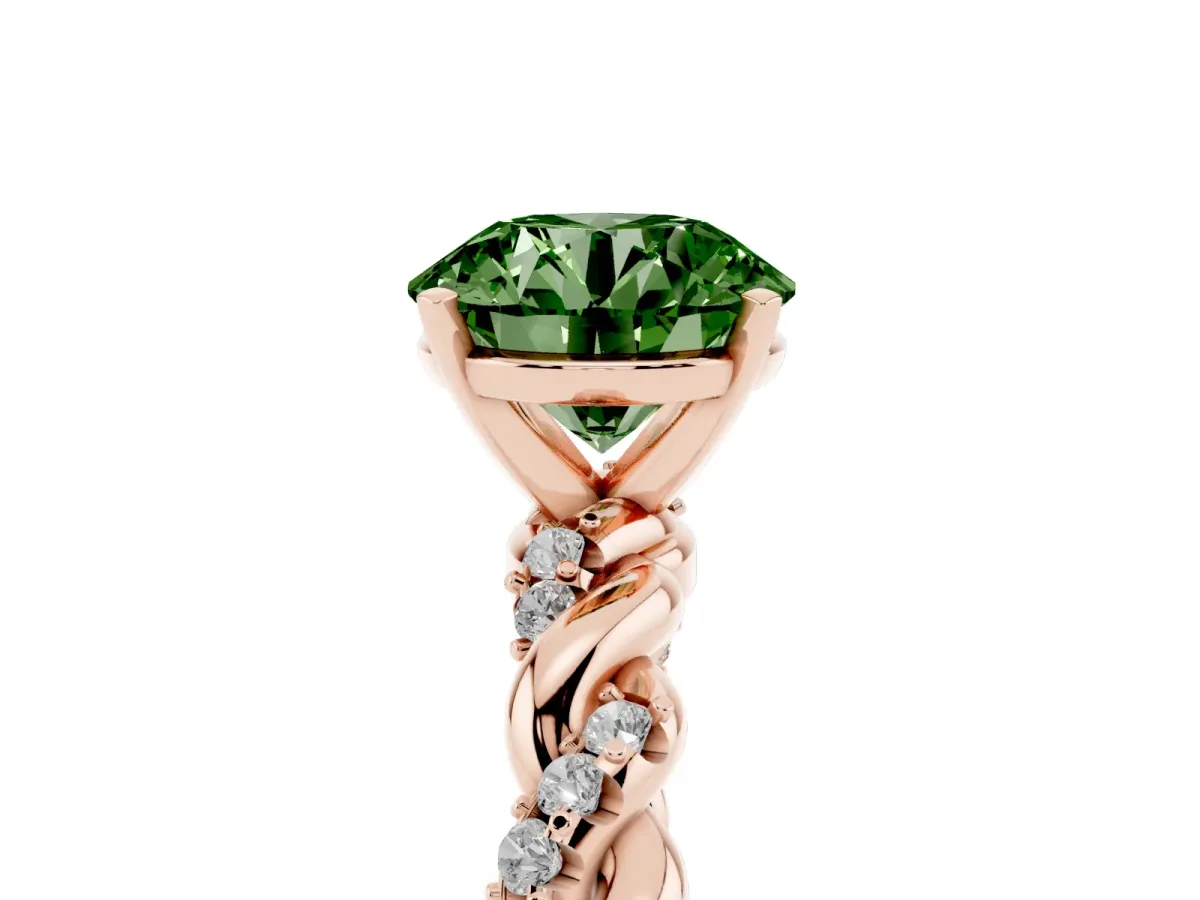 Fancy Green Round Cut Diamond Solitaire Ring with Twisted Band and Pavé Accents Rose gold