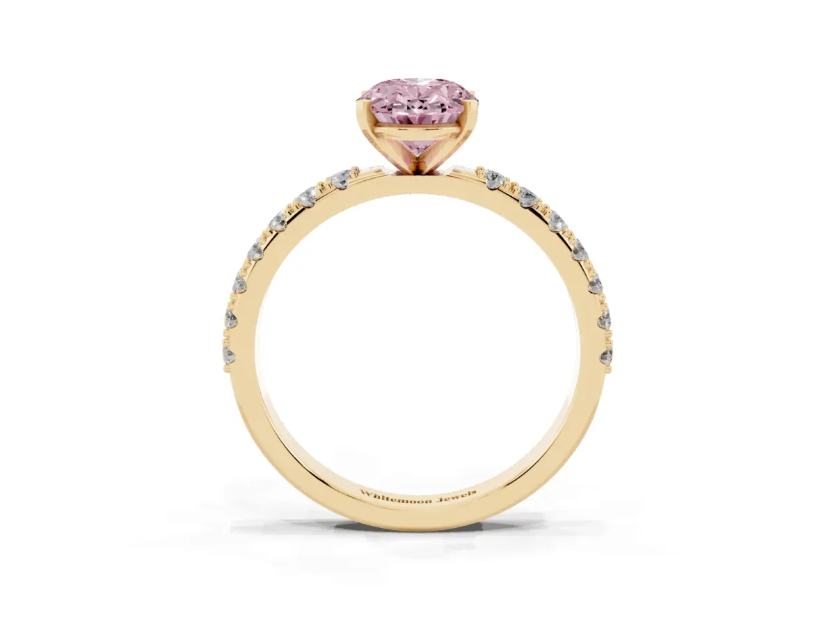 Fancy Pink Oval Cut Diamond Solitaire Pavé Band with Four-Prong Setting Yellow gold