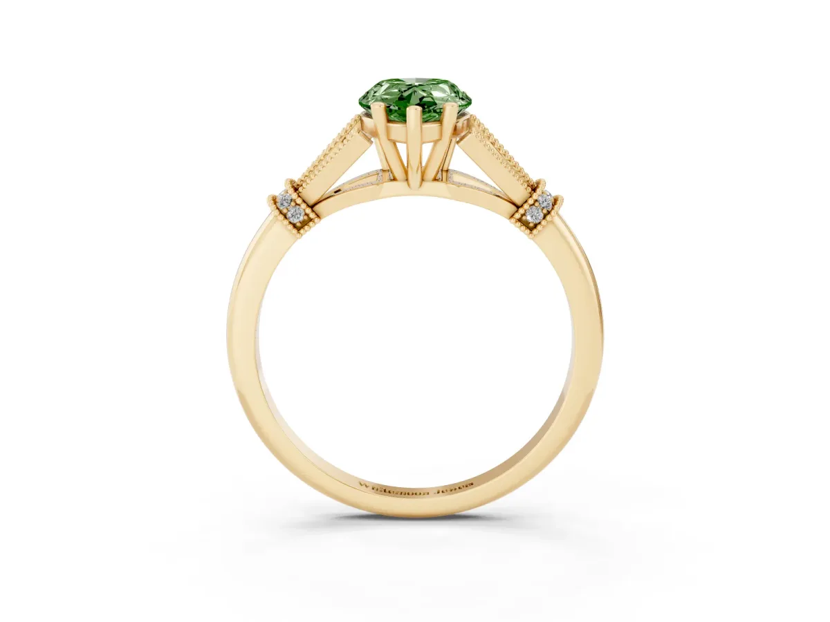 Fancy Green Pear Cut Diamond Solitaire Ring with Floral Filigree and Pave Accents Yellow gold
