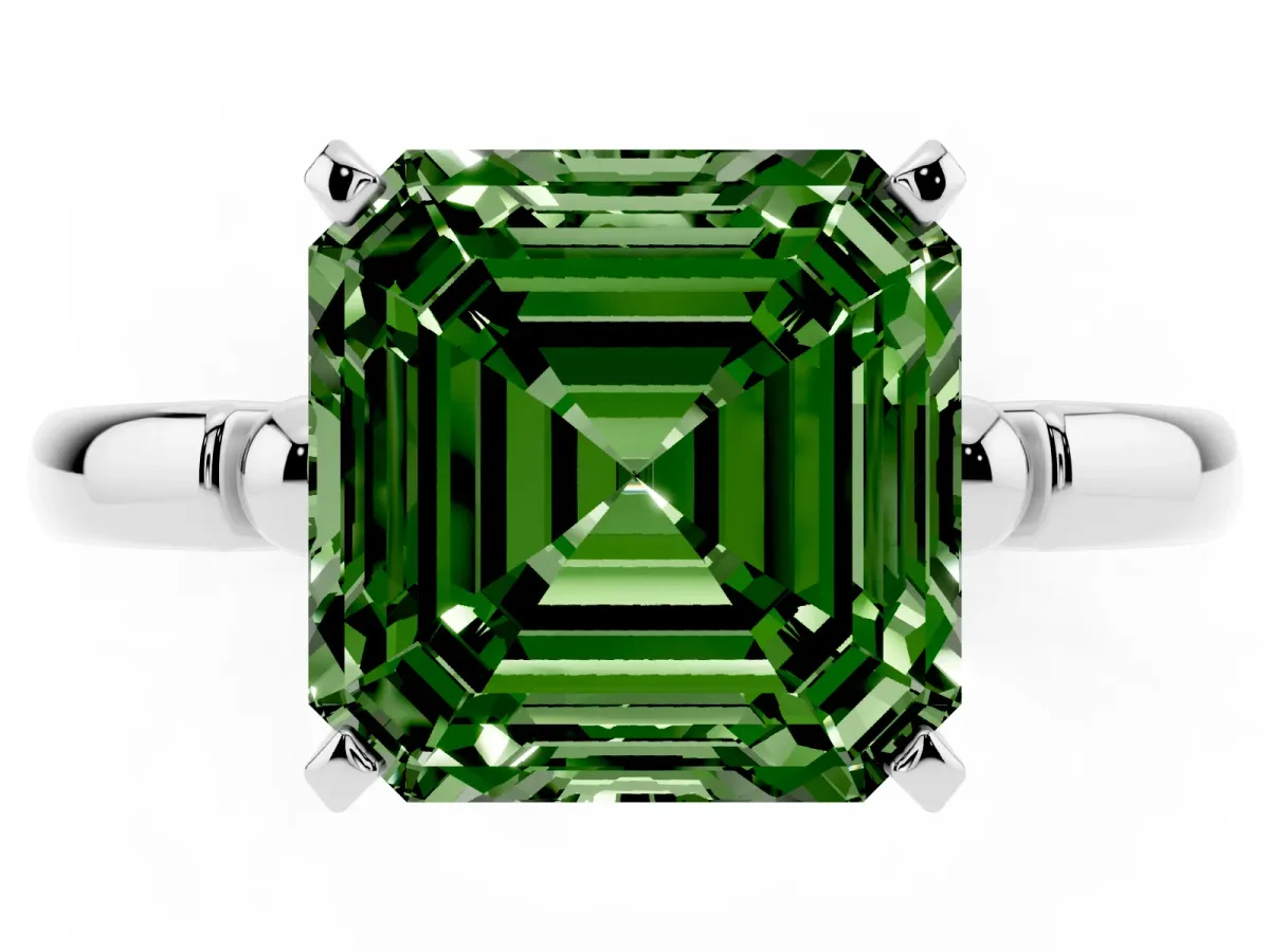 Fancy Green Asscher Cut Solitaire Beaded Band with Four-Prong Setting Silver